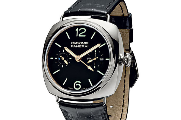 Caliber P.2005 powers Panerai’s first tourbillon watch. The blue dot at 9 is connected to the tourbillon and completes a sweep every 30 seconds.