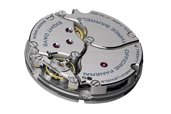 Caliber P.2002, introduced in 2005, is a hand-wound movement with eight days of power.