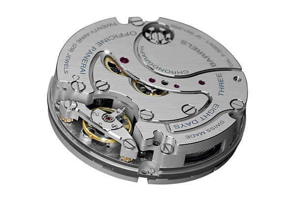 On Caliber P.2004, a chronograph movement, one sees mostly bridges rather than wheels, typical of Panerai’s movement architecture.