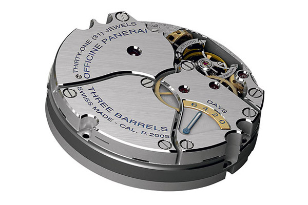 The tourbillon in Caliber P.2005 rotates around its transverse axis instead of horizontally.