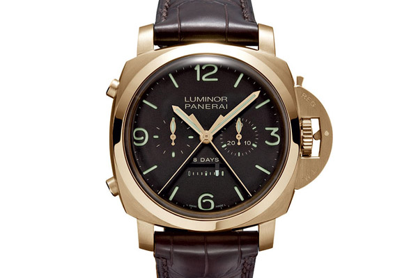 The rose-gold Luminor 1950 8 Days Rattrapante (PAM 319:) holds Panerai’s new Caliber P.2006.